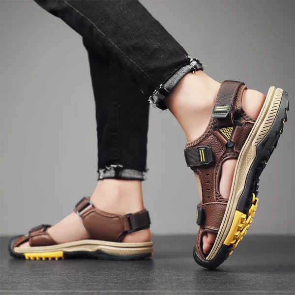 Dual-Strap Leather Hook-and-Loop Sandals