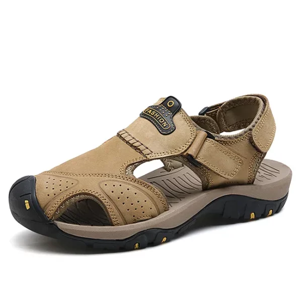 Closed-Toe Cutout Leather Hook-and-Loop Sandals