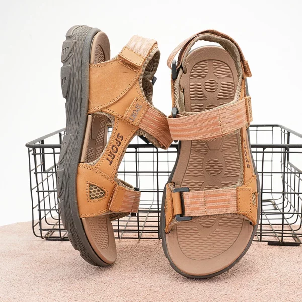 Stitched Panel Leather Hook-and-Loop Sandals