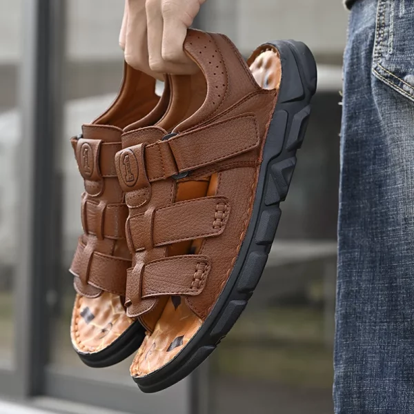 Cutout Leather Hook-and-Loop Sandals