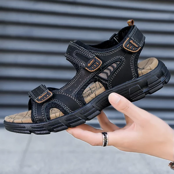 Perforated Strap Leather Hook-and-Loop Sandals